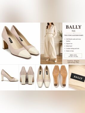 Bally Italy Vintage Two-Tone Leather Square Toe Block Heel Size 8